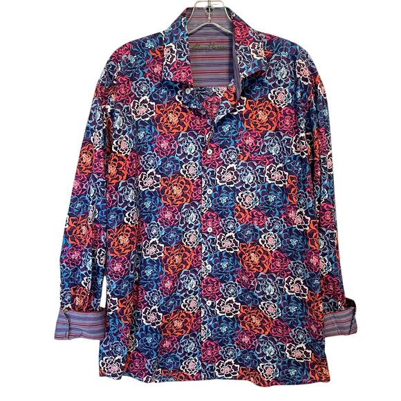 Alan Flusser Floral Shirt Flip Cuffs Womens Large Red Blue Multicolor Career - Picture 1 of 8